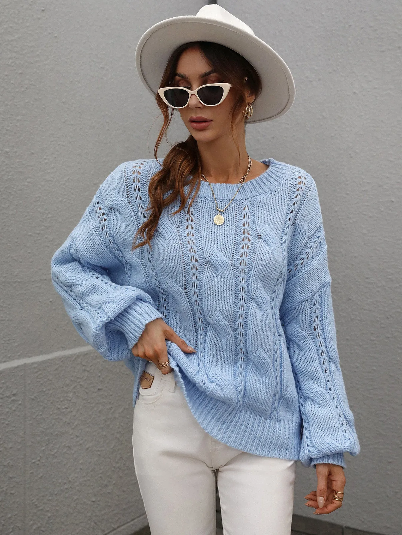Autumn Winter Sweaters Twisted String Solid Color Loose-Fitting Plus Size round Neck Knitted Sweater for Women