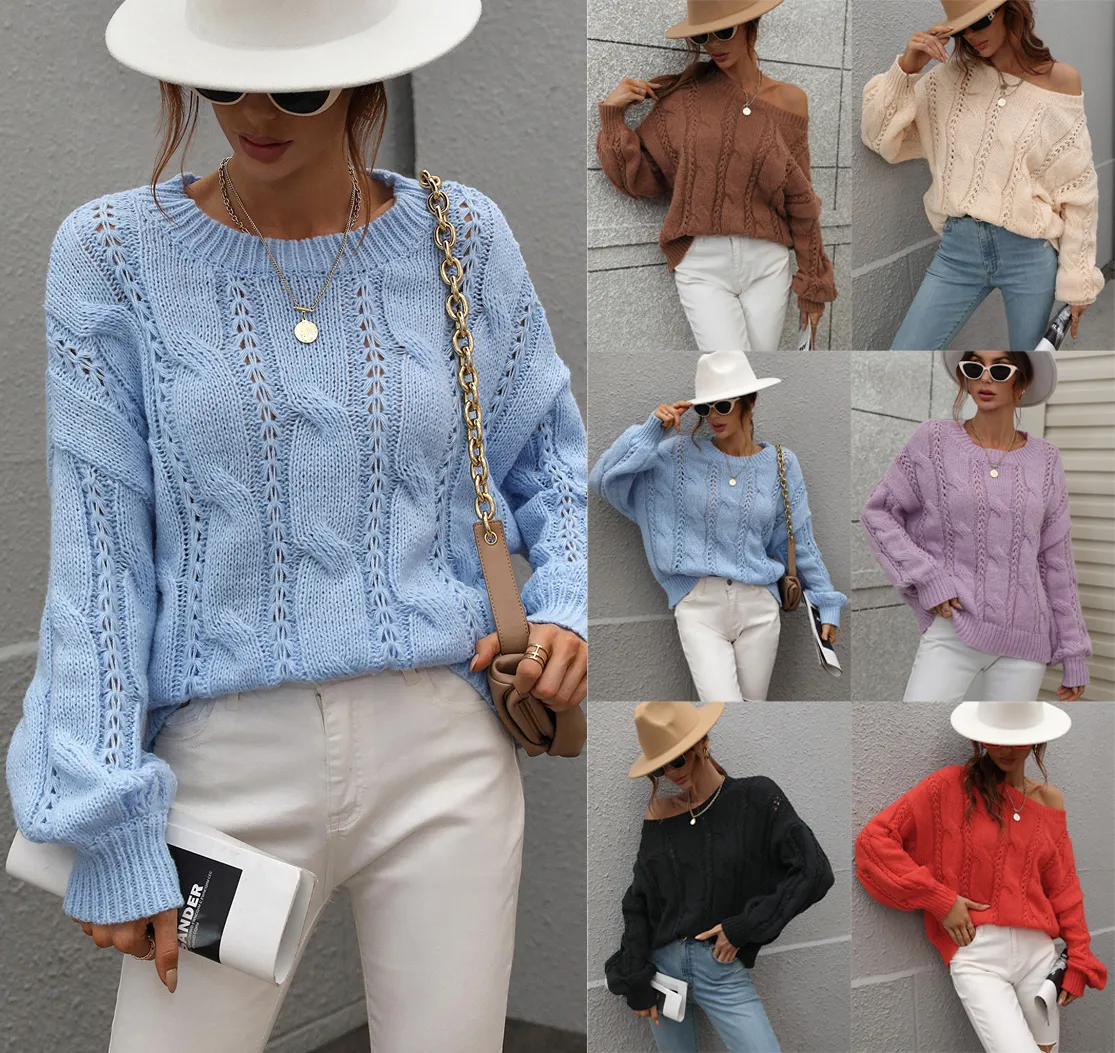 Autumn Winter Sweaters Twisted String Solid Color Loose-Fitting Plus Size round Neck Knitted Sweater for Women