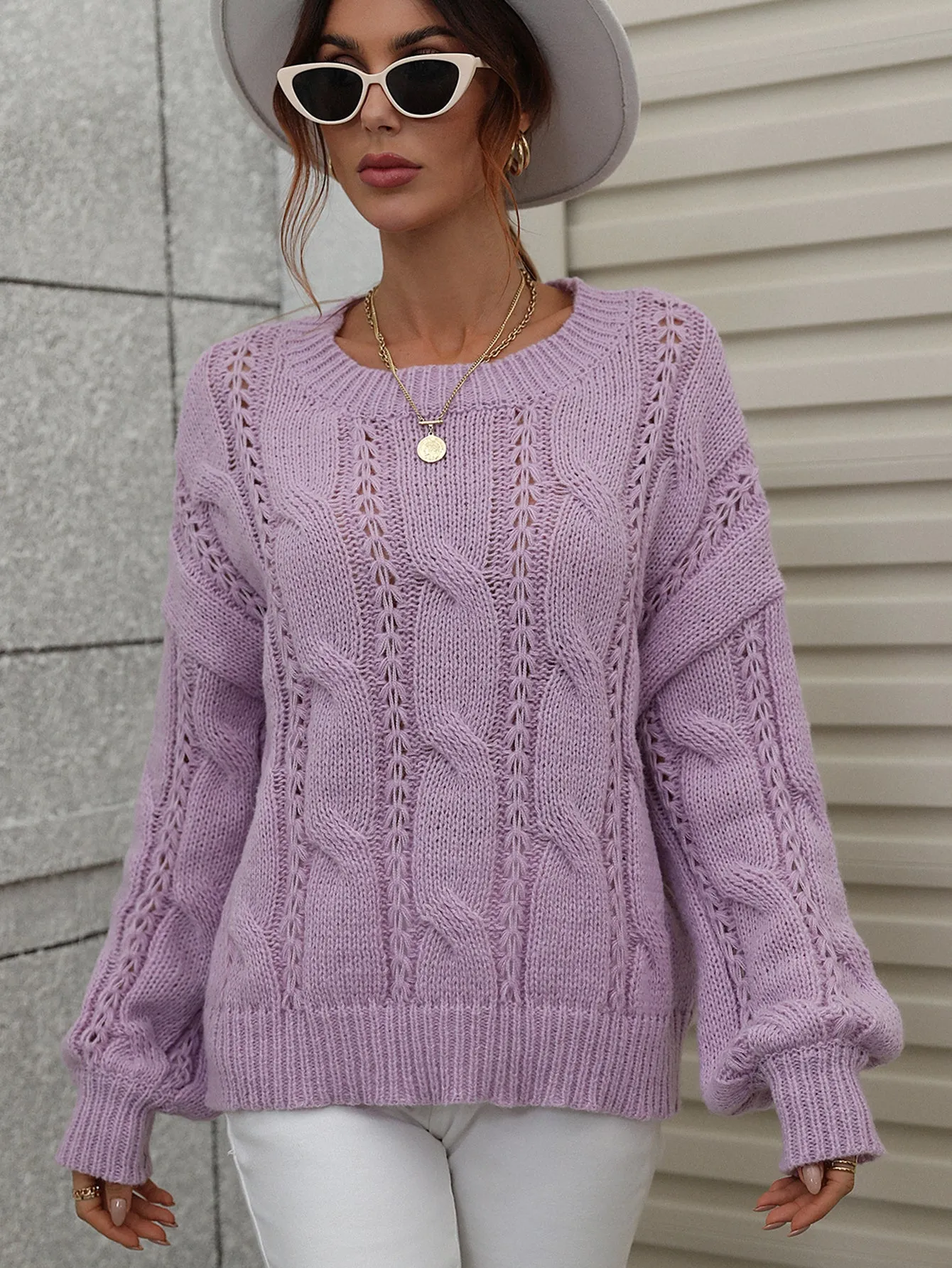 Autumn Winter Sweaters Twisted String Solid Color Loose-Fitting Plus Size round Neck Knitted Sweater for Women