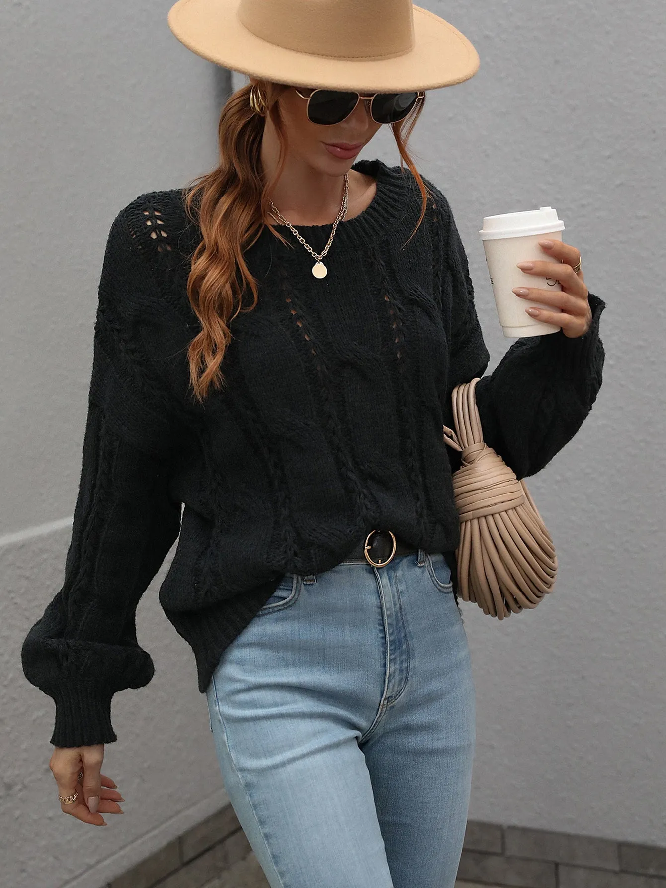 Autumn Winter Sweaters Twisted String Solid Color Loose-Fitting Plus Size round Neck Knitted Sweater for Women