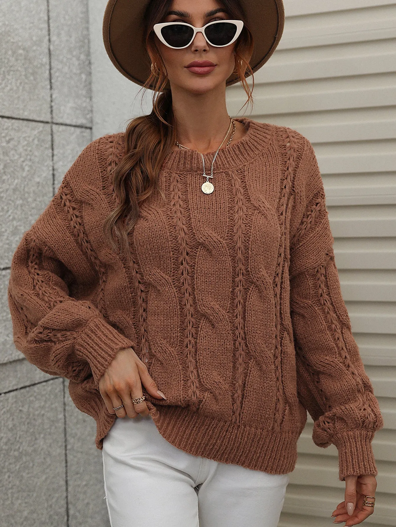 Autumn Winter Sweaters Twisted String Solid Color Loose-Fitting Plus Size round Neck Knitted Sweater for Women