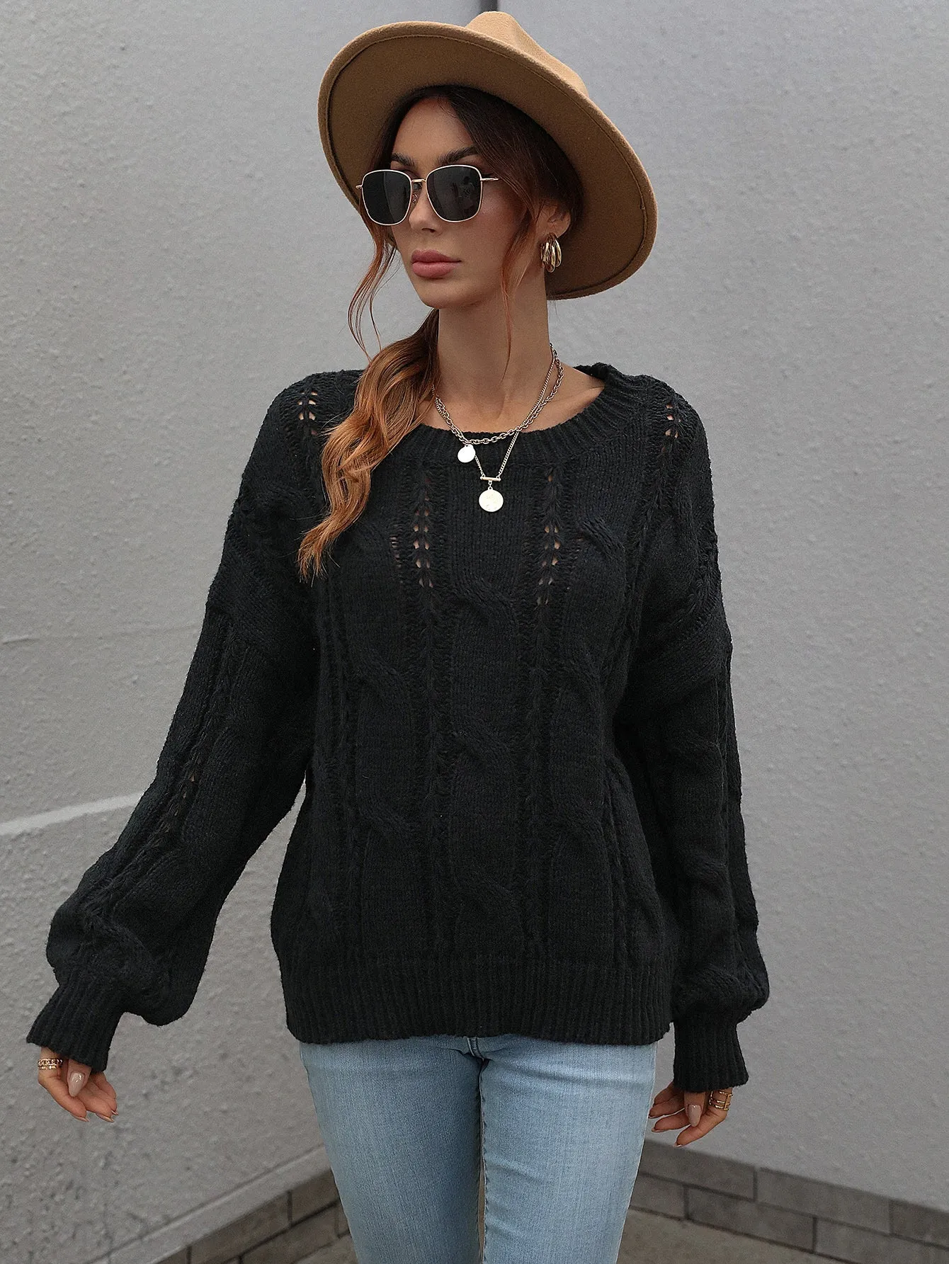 Autumn Winter Sweaters Twisted String Solid Color Loose-Fitting Plus Size round Neck Knitted Sweater for Women