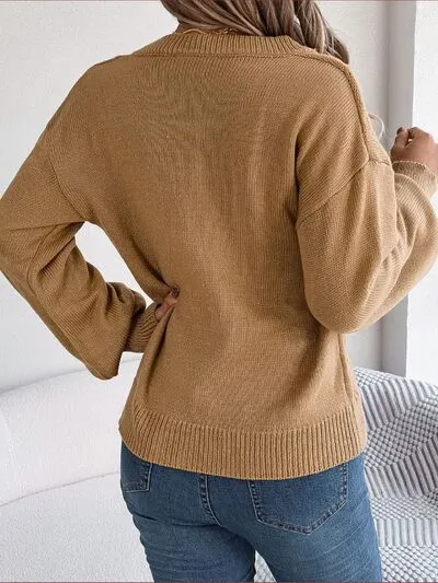 Cable-Knit Button Look V-Neck Sweater