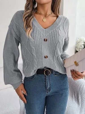 Cable-Knit Button Look V-Neck Sweater