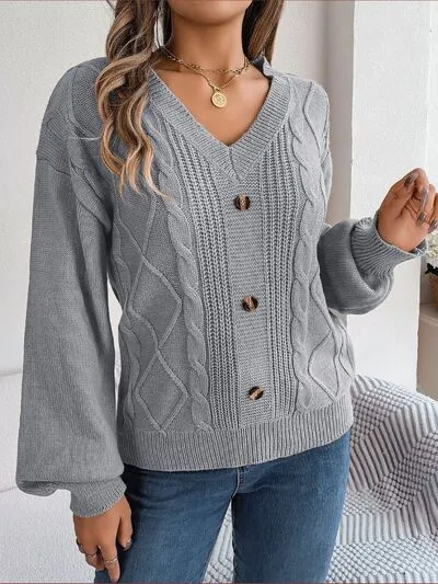 Cable-Knit Button Look V-Neck Sweater