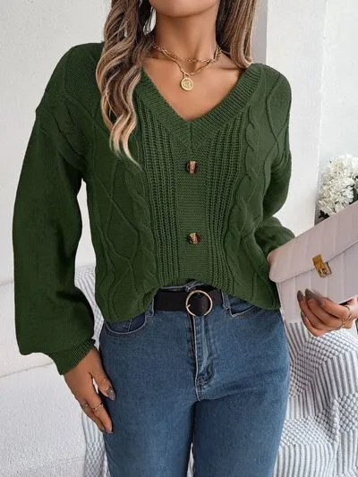 Cable-Knit Button Look V-Neck Sweater