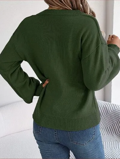 Cable-Knit Button Look V-Neck Sweater