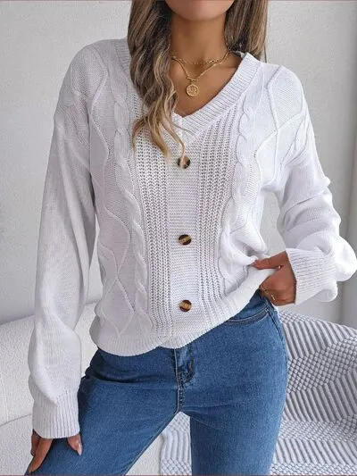 Cable-Knit Button Look V-Neck Sweater