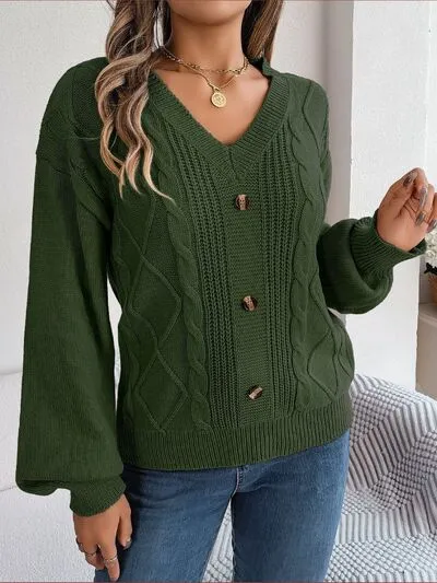 Cable-Knit Button Look V-Neck Sweater