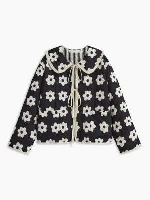 Floral Printed Lace Up Winter Coat