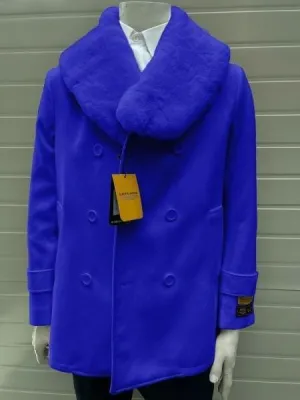 Mens Pea Coats With Fur Collar - Royal Blue Peacoats