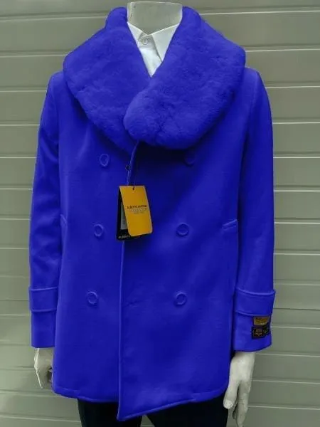 Mens Pea Coats With Fur Collar - Royal Blue Peacoats