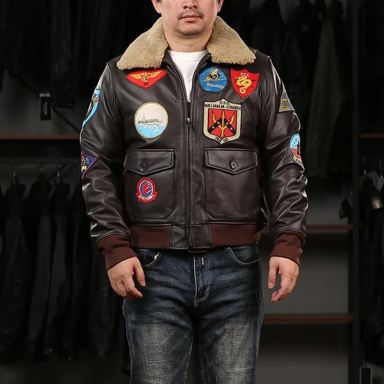 New Men TOP GUN Pilot Genuine Leather Jacket Fashion 17 mark G1 pilot jacket Wool Collar Cowhide Winter Coats
