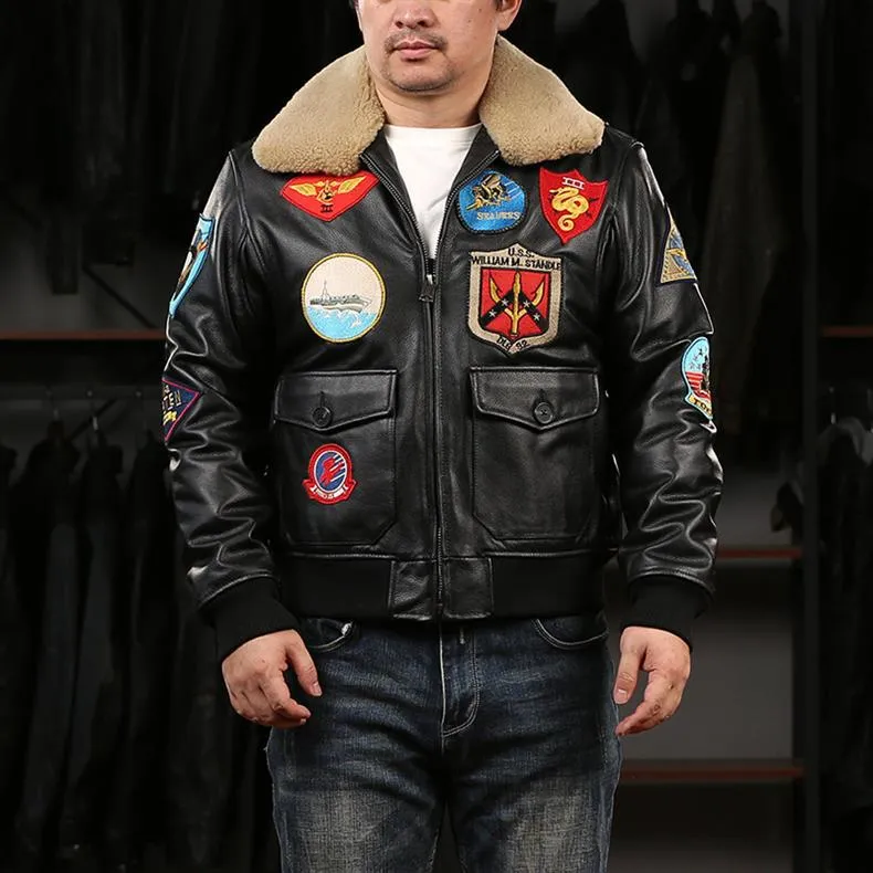 New Men TOP GUN Pilot Genuine Leather Jacket Fashion 17 mark G1 pilot jacket Wool Collar Cowhide Winter Coats