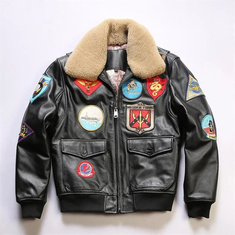 New Men TOP GUN Pilot Genuine Leather Jacket Fashion 17 mark G1 pilot jacket Wool Collar Cowhide Winter Coats