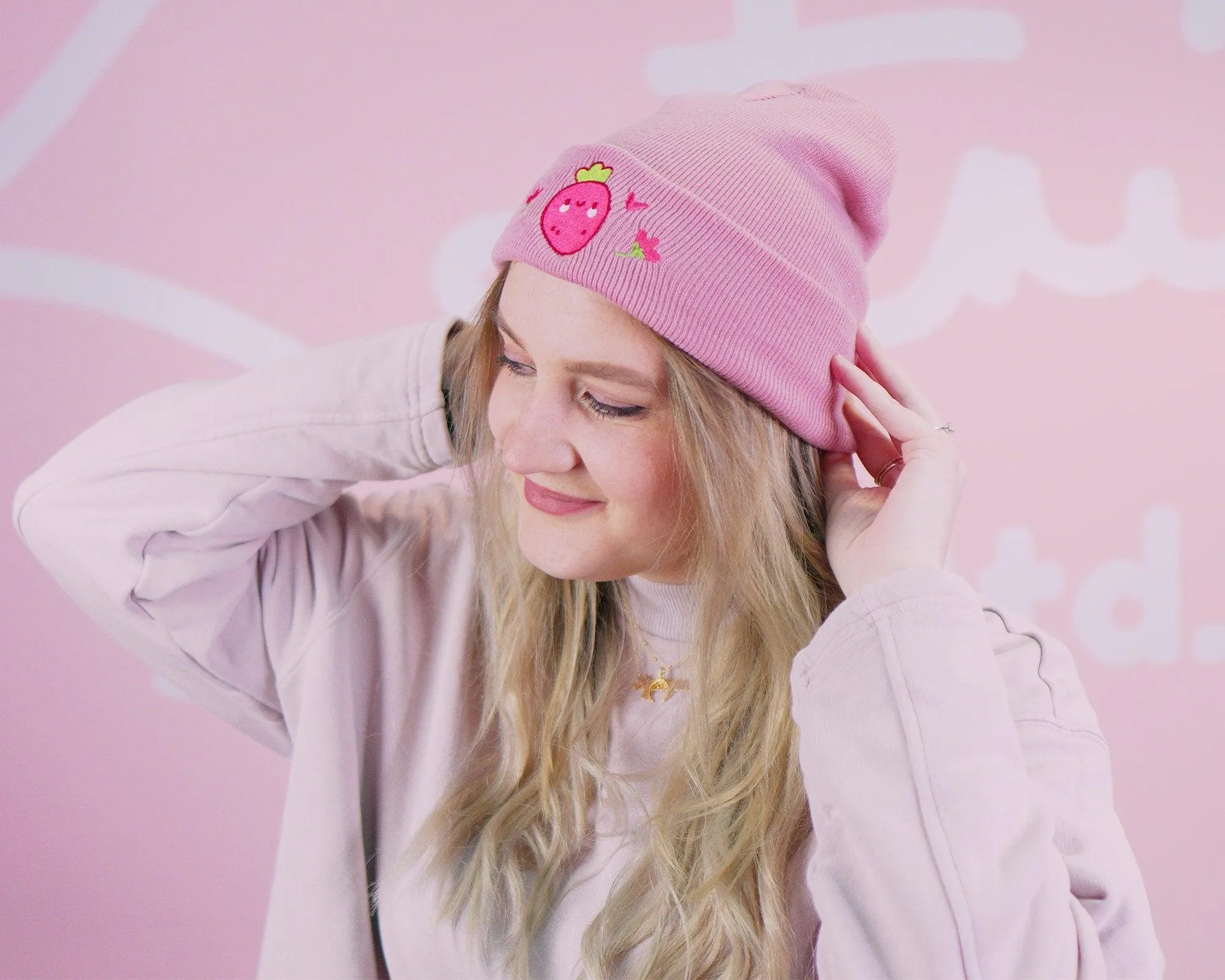 Strawberry Beanie 🍓 | Cute Pink Beanie Hat | Kawaii Fruit Beanie | Soft Knit Winter Hat