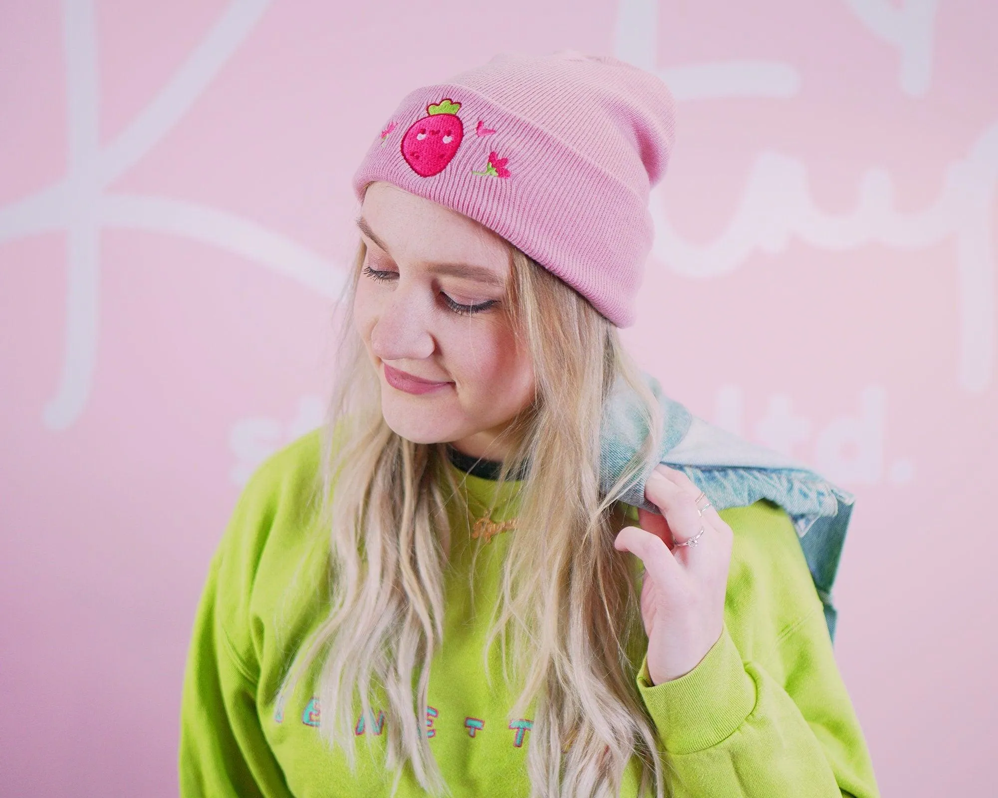 Strawberry Beanie 🍓 | Cute Pink Beanie Hat | Kawaii Fruit Beanie | Soft Knit Winter Hat