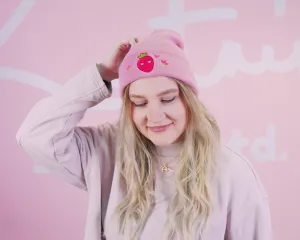 Strawberry Beanie 🍓 | Cute Pink Beanie Hat | Kawaii Fruit Beanie | Soft Knit Winter Hat