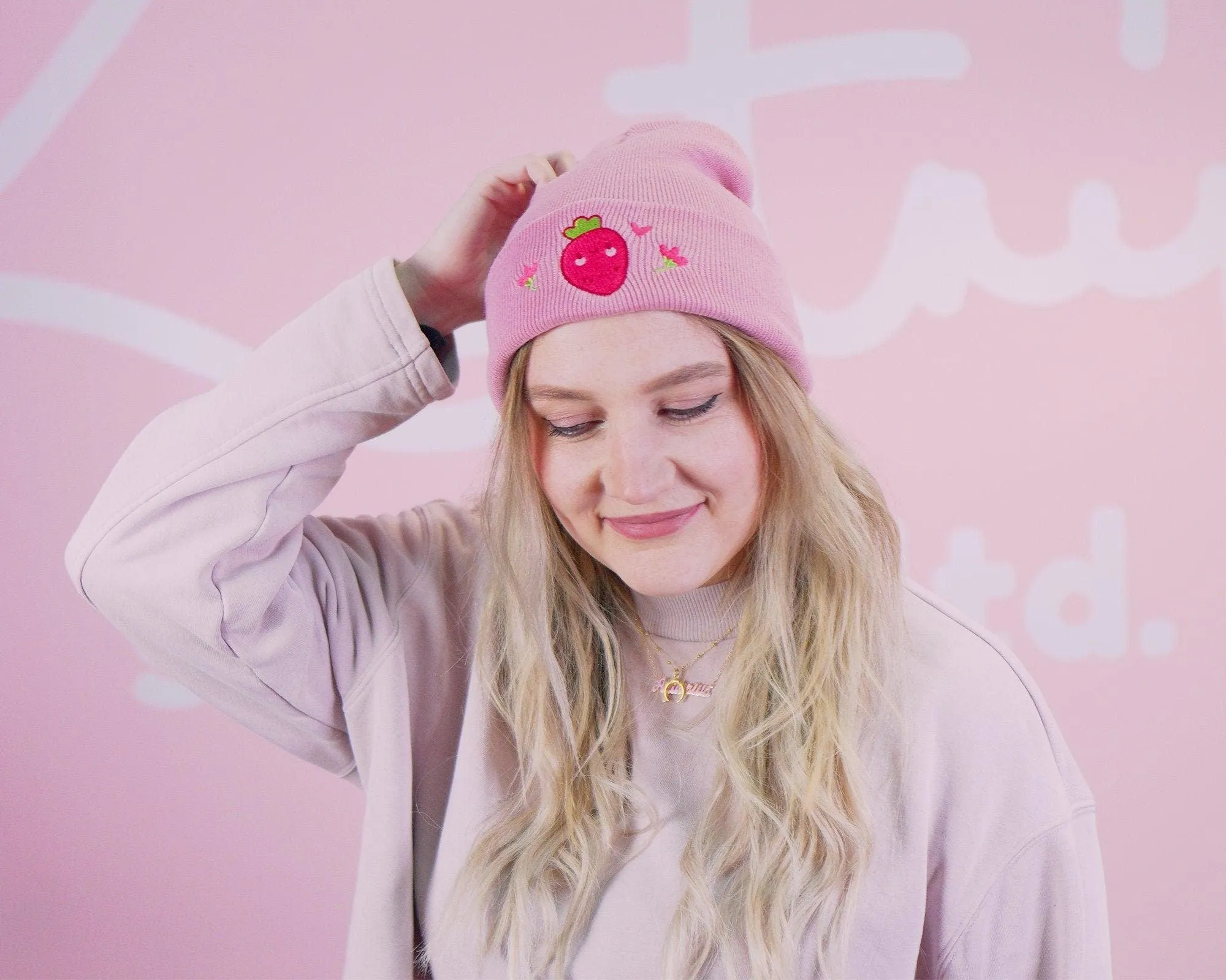 Strawberry Beanie 🍓 | Cute Pink Beanie Hat | Kawaii Fruit Beanie | Soft Knit Winter Hat